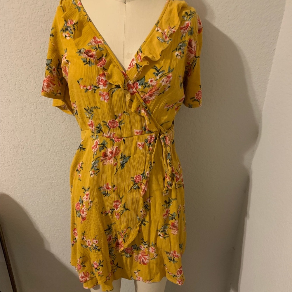 Yellow floral print, faux wrap dress